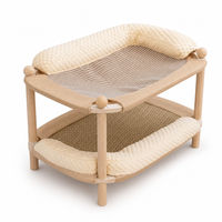 Lit pour chat en bois double couche, lit rafraîchissant d'été pour animaux de compagnie avec tapis à gratter en jute, coussin en forme de L pour chats d'intérieur