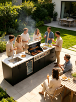 Îlot de cuisine extérieur moderne en acier inoxydable noir avec pergola, barbecue au gaz naturel à allumage électronique intégré