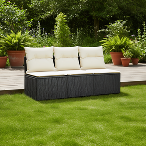 Canapé de jardin trois places, mobilier d'extérieur en rotin PE noir avec coussins crème, design contemporain imperméable - Product Image 2