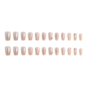24 <span class=keywords><strong>faux</strong></span> <span class=keywords><strong>ongles</strong></span> papillon argentés brillants, forme cercueil moyenne, en ABS réutilisable, application avec colle, style élégant et doux - Product Image 2