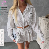 Ensemble pyjama Loveda pour femme, décontracté, tendance, doux, 100 % coton, respirant, à carreaux, chemise à manches longues et short