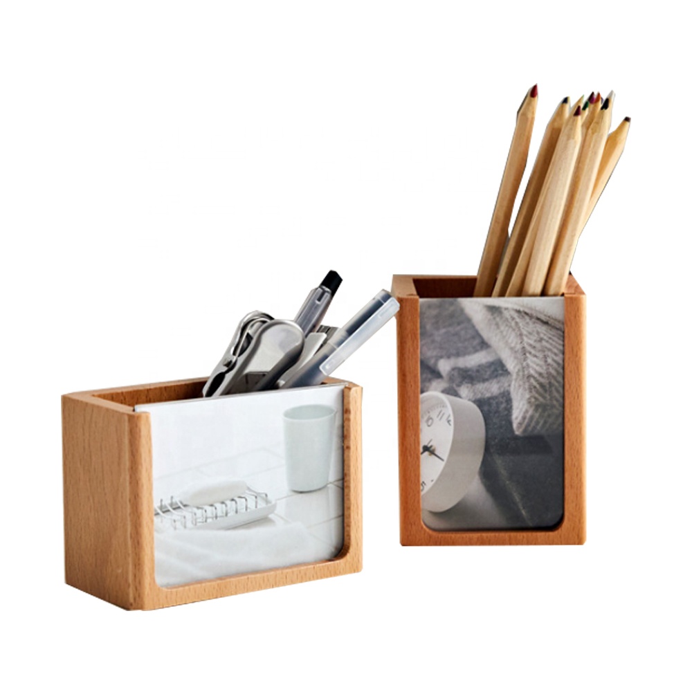 Creative Beech Wooden Desk Pen Holder Multi Purpose Pencil Cup Pot Desk Organizer Photo Frame