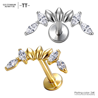 Piercing Labret en Titane ASTM F136 G23 avec Zircon Cubique Marquise Courbé, Plaqué PVD, Filetage Interne, pour Cartilage, Tragus, Hélix