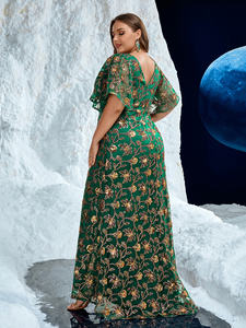 Летнее вечернее платье больших размеров с V-образным вырезом, кружевом, бисером, вышивкой, рукавами-фонариками и подкладкой, элегантное, для выпускного вечера - Product Image 2