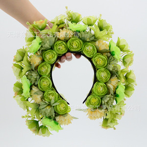 Dongchen Crafts <b>Silk</b> Flower <b>Headband</b> Pink Green Ethnic Style Hair Accessory For Photo Performance Prop - Product Image 3