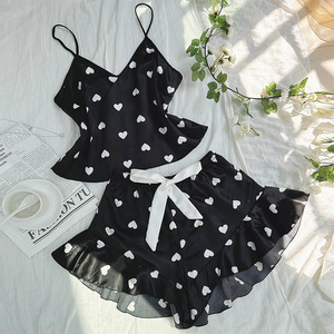 2025 gaya baru rajutan garis cetak hati bretel manis celana pendek suspender pakaian rumah piyama natal wanita baju tidur malam set - Product Image 1