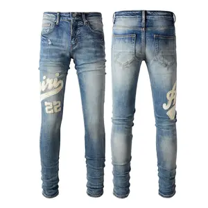 Tùy Chỉnh Sang Trọng Logo Nguyên JRock Hồi Phục Jeans Người Đàn Ông Quần Jean Quần Hip Hop Thẳng Slim Jeans Cho Nam Giới