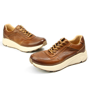 Dad Shoes Men Leather Perforated Breathable Lace Up <b>Round</b> <b>Toe</b> Casual Low <b>Heel</b> Sporty Style Brown - Product Image 2