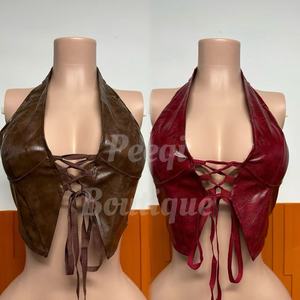 Peeqi Summer 2025 New PU <strong>Leather</strong> <strong>Tops</strong> Women Hollow Out Bandage Sleeveless Backless <strong>Halter</strong> <strong>Tops</strong> Slim Sexy Crop <strong>Top</strong> Women - Product Image 1