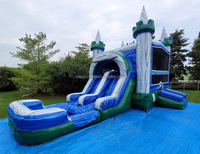 Château gonflable commercial extérieur en PVC effet marbre avec toboggan aquatique et piscine, combo pour enfants et adultes