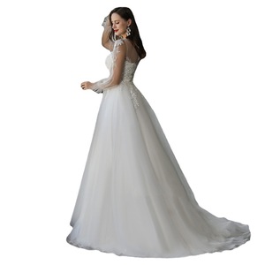 Wedding Dress A-Line O-Neck Long Sleeve Floor Length With Train Simple White Princess Style Mesh Natural Waistline - Product Image 5