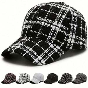 Gorro de Tweed a Cuadros Blanco y Negro para Mujer, Otoño e Invierno, Gorra de 6 Paneles, Gorra Deportiva de Moda para Mujer, Gorra de Béisbol - Product Image 1