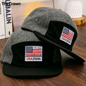 Custom Logo 5 Panel Camp <b>Cap</b> Wholesale Bulk Wool Blend <b>Flat</b> Embroidered <b>Flat</b> Brim Hat With Adjustable Buckle Manufacturer - Product Image 1