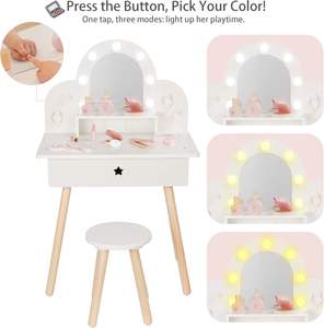 Wooden Pretend Play Makeup <strong>Table</strong> with 11 Accessories White Kids Vanity Set for Girls with Adjustable Brightness Light Mirror - Product Image 3