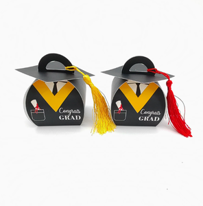 Décorations de fête de remise de diplôme DAMAI, boîte cadeau à pompon jaune pour enfants, boîte à bonbons pour célébration scolaire avec casquette de diplômé rayée - Product Image 4
