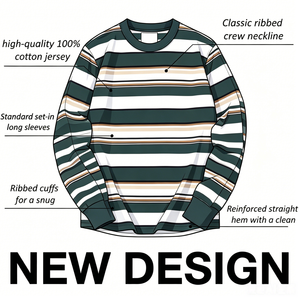 T-<span class=keywords><strong>shirt</strong></span> Streetwear Homme 280g 100% Coton Teint en Fil Jersey Rayé Breton Manches Longues Écologique Anti-boulochage Coupe Ample - Product Image 3
