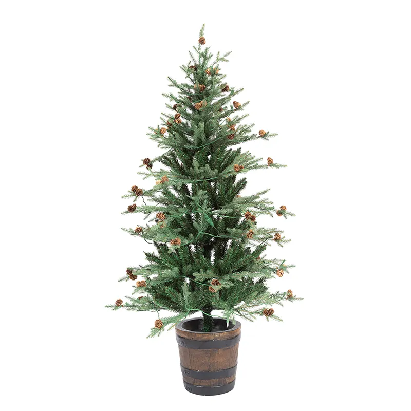 China 60CM barril base PVC PE material pequeño árbol de Navidad en maceta con bola de cono de pino