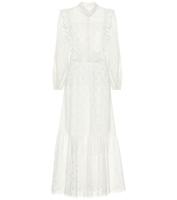 Blanc Double Couche Creux Out Stand Cou Puff Manches Dames Robes À Manches Longues D'été Dentelle 100% Coton Boho Robe