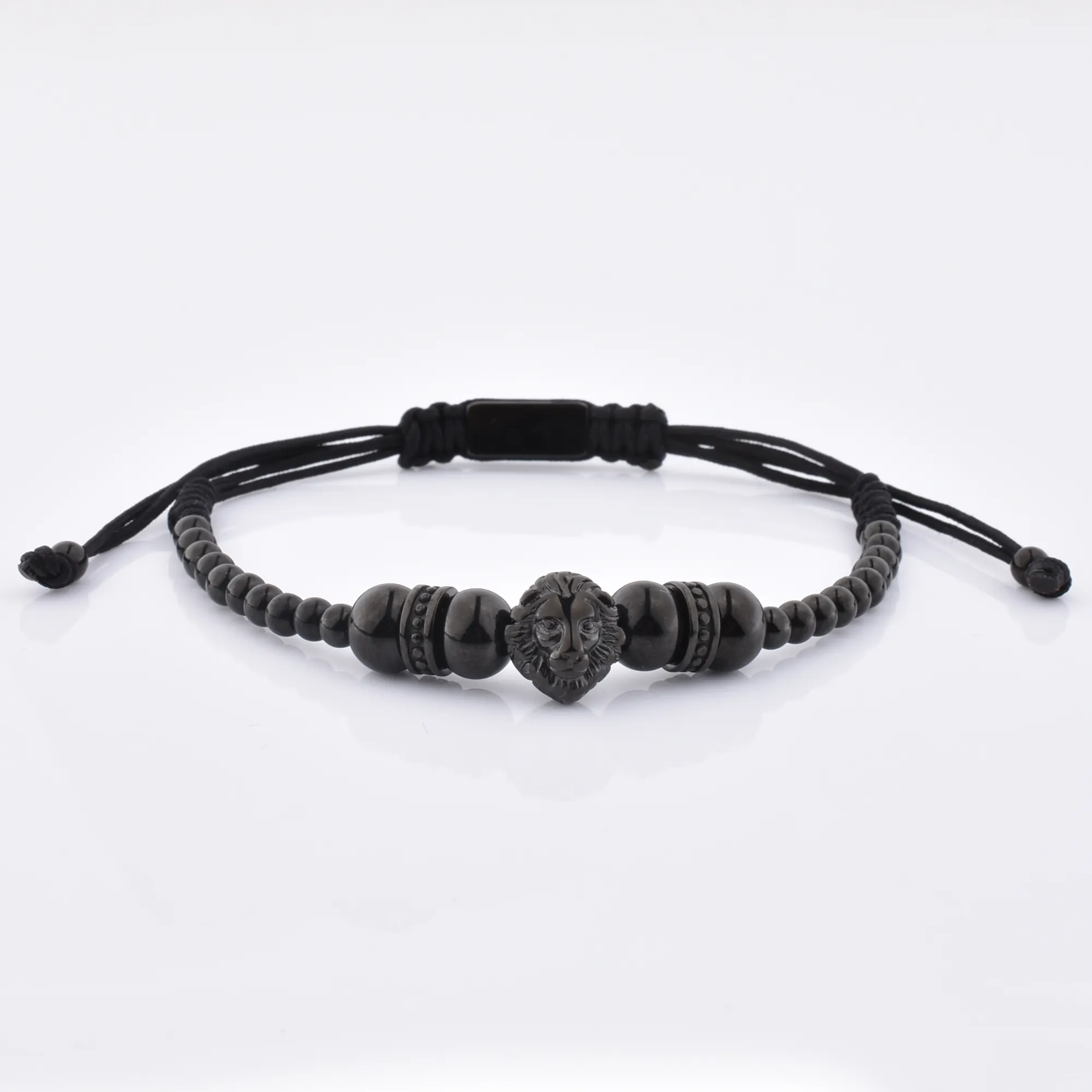 Hot Selling Wholesale Black Lion Head Charm Men Adjustable Rope Bracelet Luxury Bead Bracelet