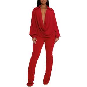 Ensemble pantalon et crop top rouge col en V pour femme, coupe droite, en mousseline respirante, tenue de club personnalisée 2026 - Product Image 2