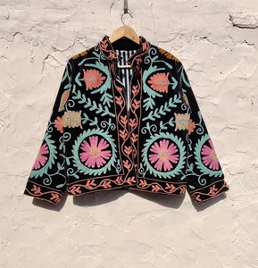 Cotton Velvet Suzani Embroidery, Suzani Winter Coat, Women's Short <b>Jacket</b>, Hand Embroidered <b>Jacket</b>, Boho & <b>Hippie</b> Gifts - Product Image 1