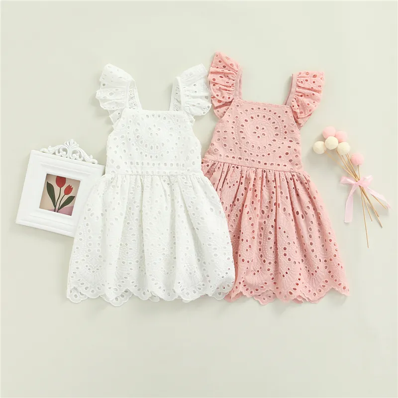 Ins Popular Summer Solid Hollow Kids Skirts Sleeveless Lovely Princess Baby Kids Girl Dresses Lace Dress