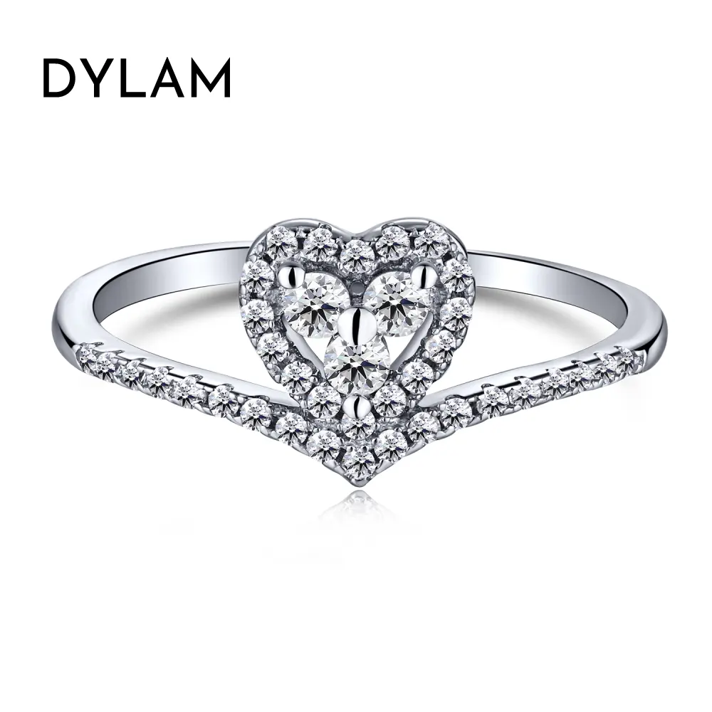 Dylam Heart Shape 3 Head Stone Pave Crystal Clear Gemstone with S925 Size 6 to 9 Crown Curve Rings