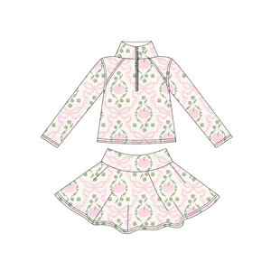 Ensemble de yoga d'automne personnalisé pour bébés filles, avec haut à manches longues zippé et jupe-short, motif nœuds citrouille, vente en gros, vêtements pour sœurs, boutique enfant, vêtements de sport - Product Image 4
