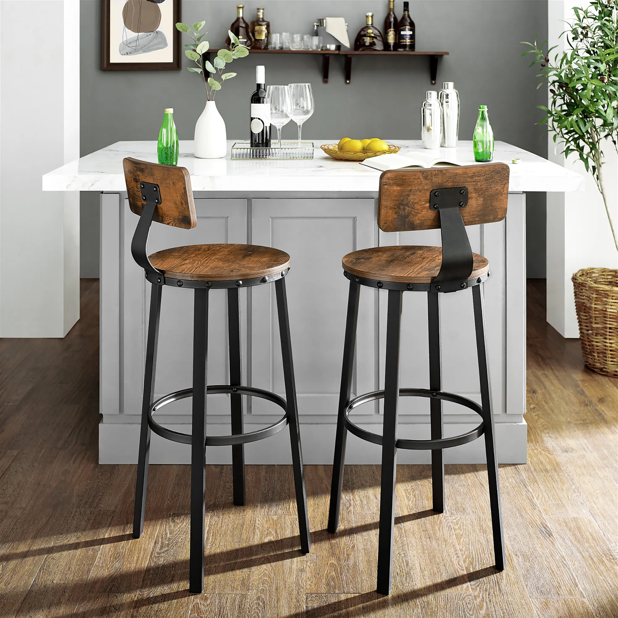 VASAGLE 2pcs Industrial Design Metal Frame Wooden Seat 39" height high bar stool chair for Restaurant Kitchen and dining Bar