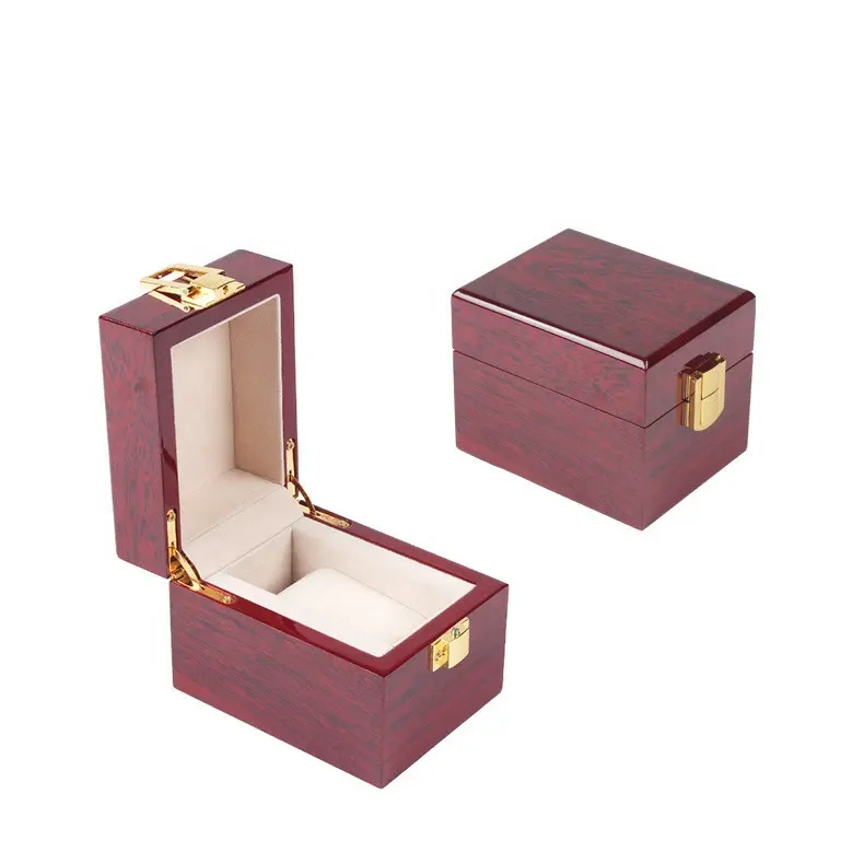 Luxury Custom Logo Single Watch Display Case Red Piano Lacquer Packaging Wooden Watch Box