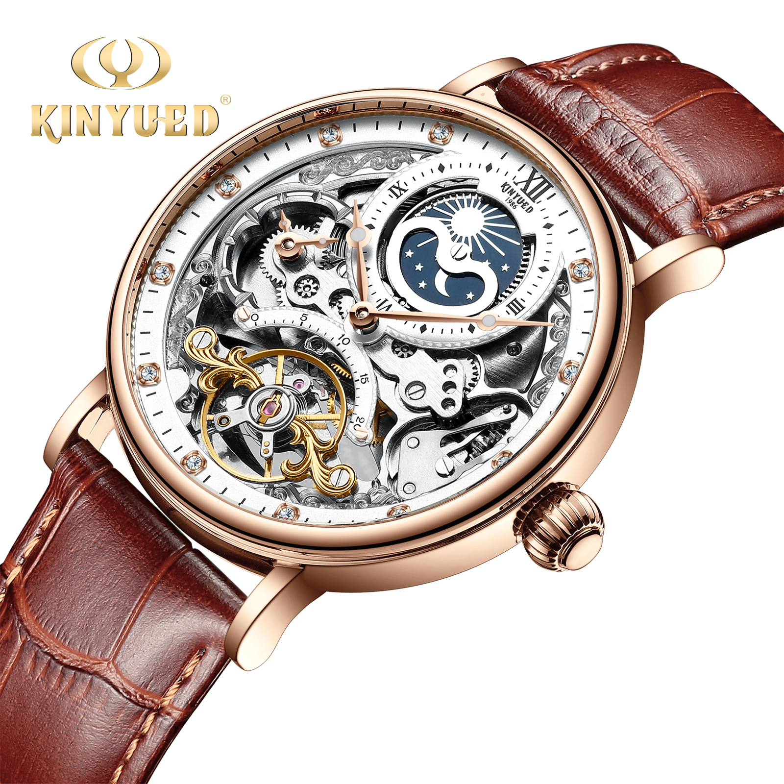 Boîtier Rose + Cadran Blanc + Bracelet Marron