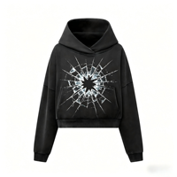 Sweat à capuche unisexe vintage délavé noir avec imprimé verre brisé, coupe classique, streetwear d'hiver ODM