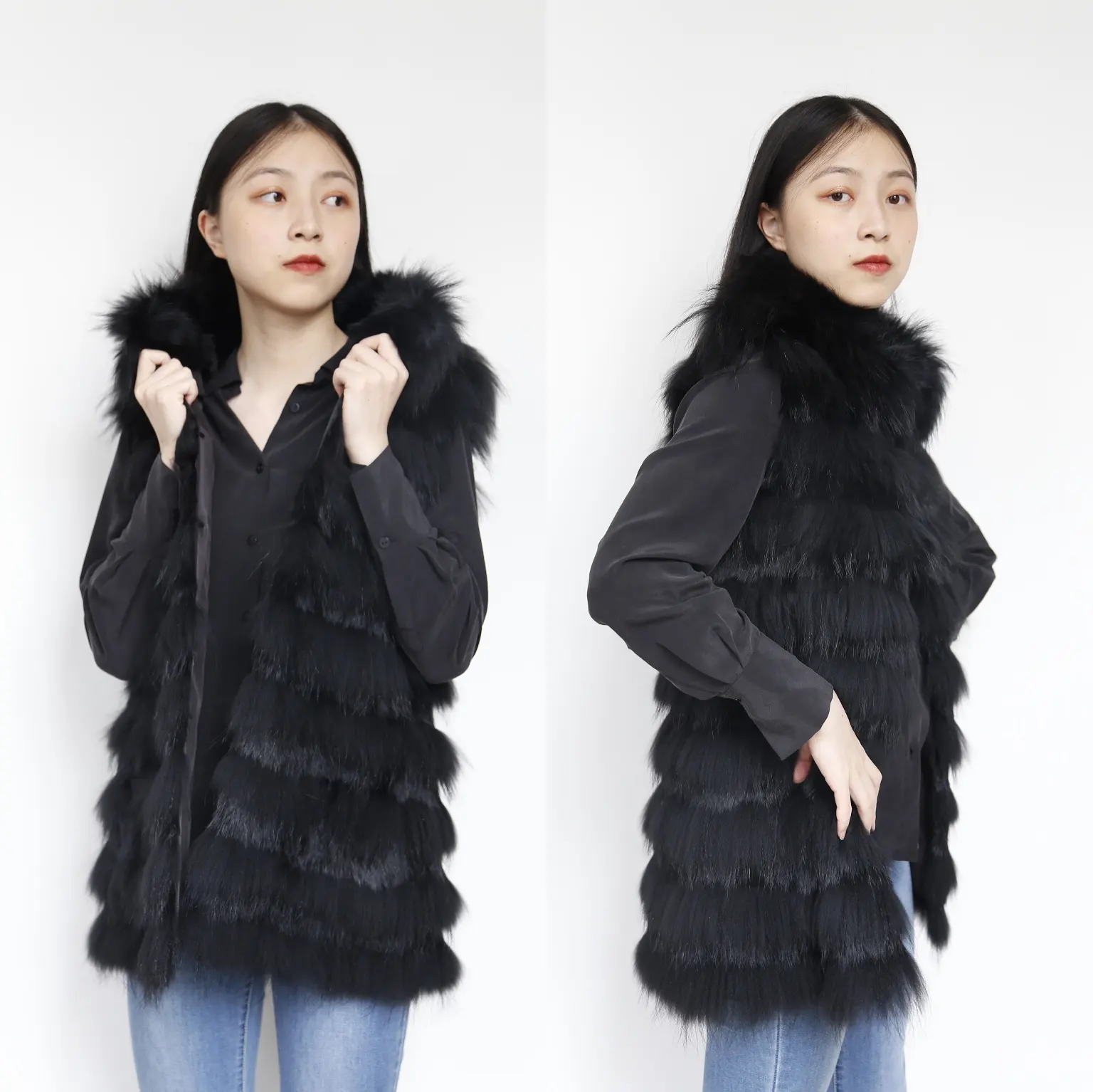 China Newest Popular Women Sleeveless Fur Vest Autumn Winter Warm Real Racoon Fur Coat