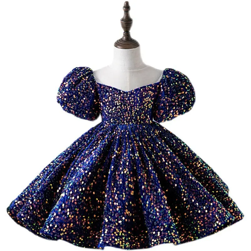 Sequined Short Puffy Sleeve Toddler Flower Girls Party Pageant Gown Baby Birthday Frocks Princess Tulle Dress