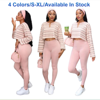 Set Atasan Crop Top Bergaris dan Legging Wanita 2 Potong, Pakaian Santai untuk Gym Yoga, Pakaian Harian Kasual, Rajutan Serasi 4 Warna