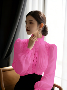 Blusa de Talla Grande para Mujer, Color Fucsia Sólido, con Encaje, Cuello Redondo, Elegante, con Mangas Farol Plisadas, Estilo Formal y Casual, para Primavera y Otoño - Product Image 5