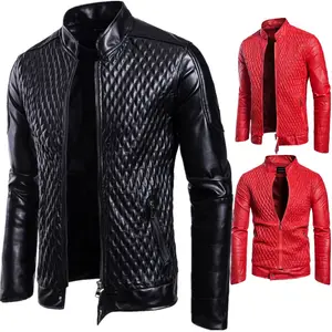 Autumn Men Leather Coat High Quality Plaid Classic Vintage Plus Size Zipper Pu Leather Bomber Jacket