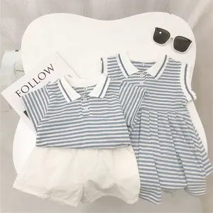 Factory Customized 2023 Brother And Sister Clothing Trendy Short Sleeve Polo Dress T-shirt Shorts Boys And Girls Clothing Sets