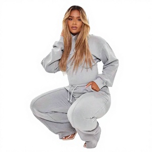 Conjunto Deportivo de 2 Piezas para Mujer, Sudadera Corta con Capucha Gris, Pantalones Jogger, Manga Larga, Felpa, Corte Holgado, Informal, para Todas las Temporadas - Product Image 1