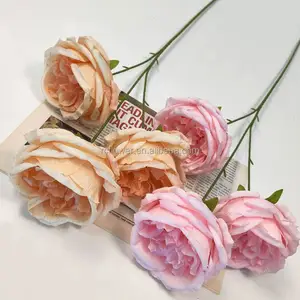 Artificial Wedding Decoration Silk Rose Flower Peony Large Wholesale 3 Heads Pink Blue Rose Bouquet Floral Flowers