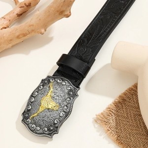 Sabuk Distinctive dengan Gesper Plat Baja Perak Antik Berlapis Denim Barat Baru, Lebar 3.8cm, Cetak Transfer Panas, Panjang Dapat Disesuaikan - Product Image 5