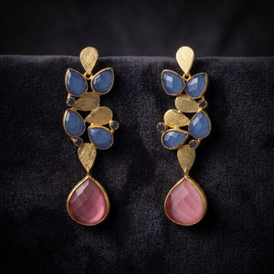 Boucles d'oreilles pendantes en pierres précieuses Monalisa rose et calcédoine bleu clair, en acier inoxydable plaqué or, bijoux fantaisie pour enfants - Product Image 2
