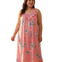 Robe de nuit longue florale pour femme en soie de lait, sans manches, avec dentelle, pour l'été