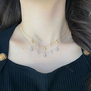 Dylam Elegant Summer Double Layered Necklace S925 Sterling <b>Silver</b> Cross Star Moon Pentagram Layered Beads <b>Choker</b> Necklace Girls - Product Image 2