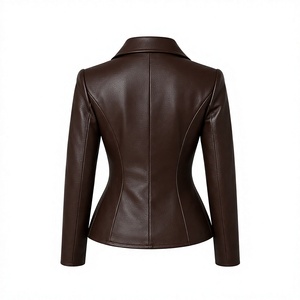 <b>Women</b>’s <b>Brown</b> <b>Leather</b> Peplum <b>Jacket</b> Long Sleeve Tailored Button Front Fashion Coat - Product Image 2