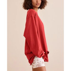 T-shirt oversize à manches longues pour femme, col rond, couleur unie, coupe décontractée, haut tendance, longueur normale, manches longues - Product Image 2