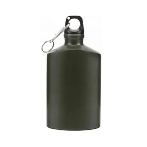 Botol air datar portabel, aksesori berkemah botol air aluminium dengan kait travel hiking 500ml hijau militer