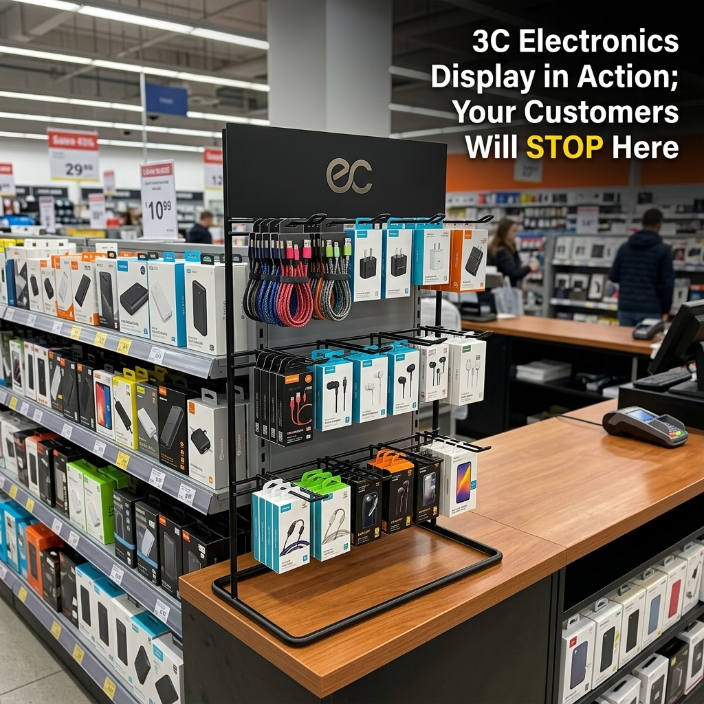 Custom Metal Countertop Display Rack with Hooks for Mobile Phone Accessories USB Cable Charger Stand Desktop 3C Electronics POS — view 2