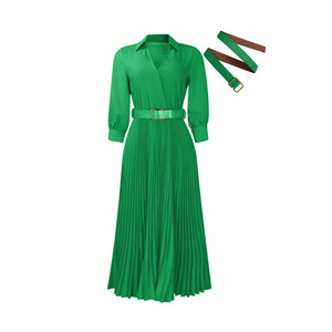Green Pleated <b>Maxi</b> Shirt <b>Dress</b> With Belt Turn-down Collar Three Quarter Sleeve Woven Casual <b>Dress</b> For Daily Wear - Product Image 1