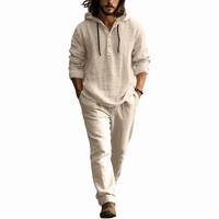 Ensembles 2 pièces en lin pour hommes, personnalisables avec logo, pour tenues décontractées de vacances, comprenant des chemises à capuche boutonnées en lin et des pantalons amples de plage